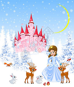 白雪公主城堡公主 城堡 动物 冬天 森林插画