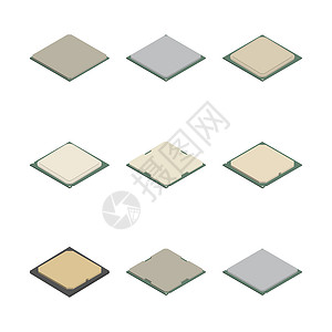 电夹板3D 矢量图中不同处理器的集合母板活力力量维修硬件微电路技术插图科学半导体设计图片