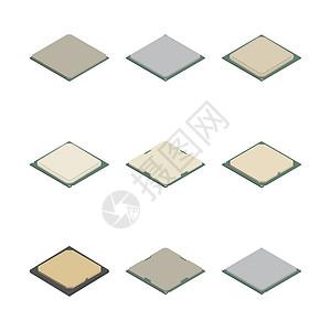 电气维修技工3D 矢量图中不同处理器的集合母板活力力量维修硬件微电路技术插图科学半导体设计图片