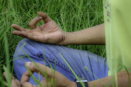 紧握双手 在户外做瑜伽活力阳光身体成人专注沉思活动呼吸孤独公园背景图片