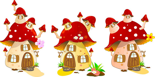 漂亮红色蘑菇丰盛的蘑菇屋插画