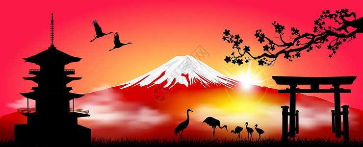 宝塔富士山早晨日出时的富士山插画