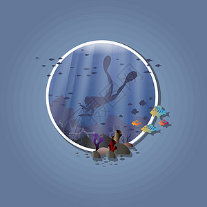 珊瑚礁里鱼白色框架蓝海背景上的潜水员 珊瑚礁和水下洞穴的轮廓 矢量图插画