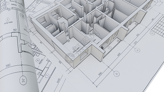 房屋3D图在施工图上建造房屋的墙壁工程地面草图计算机建筑师房子工程师测量设计师办公室背景