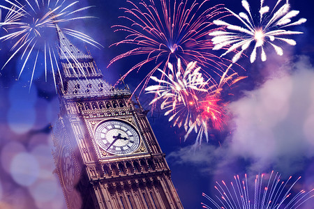 奋斗12点大笨钟上空的烟花英国伦敦的新年庆祝活动历史性建筑学人群焰火展示建筑庆典照明首都省会背景
