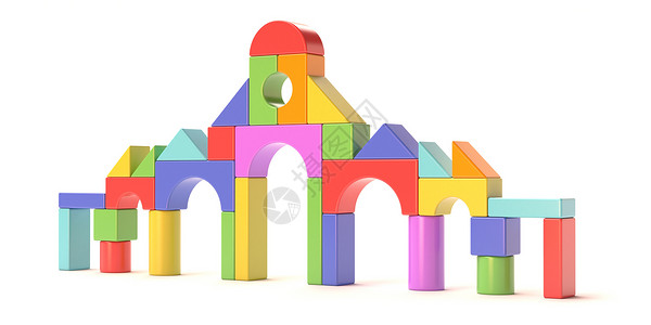 塑料玩具积木小城堡前面  3个几何童年教育游戏喜悦蓝色建筑学计算机学习房子背景图片