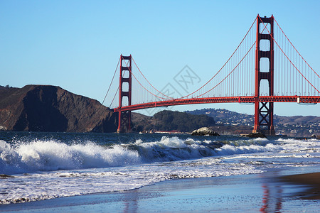 阳明滩大桥旧金山的金门大桥面包师泡沫海滩城市红色建筑历史性岬角日落地标背景