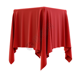 方形基座上的红布波纹艺术织物红色桌布礼物推介会惊喜纺织品布料背景图片