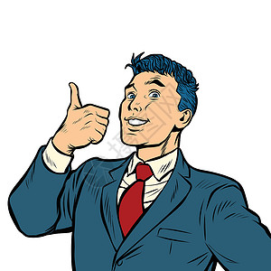 卡通拟物商务人士笑大拇指像白色背景上的手势隔离物设计图片