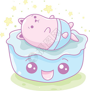 婴儿浴缸Kawai在床上展示一只可爱的小猫 说明设计图片