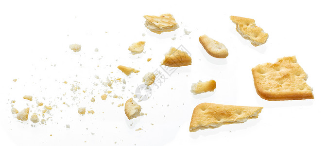 面包屑导航在白背景 顶视图上孤立的断裂饼干食物棕色宏观小麦面包白色正方形黄色小吃面包屑背景