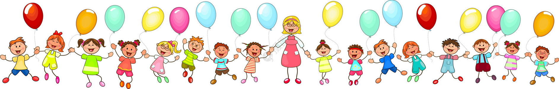 日间照料中心带着气球散步的孩子们插画