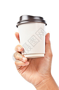 手握着一个孤立在白色上的咖啡杯生态饮料机动性专营展示塑料推广咖啡店包装草稿背景图片