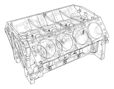 汽油发动机发动机缸体草图  3 的矢量渲染机械汽车车辆墨水项目机器燃烧技术力量汽油插画
