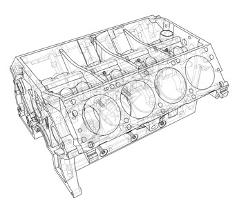 汽油发动机发动机缸体草图  3 的矢量渲染汽车项目工程墨水蓝图机械维修机器汽油力量插画