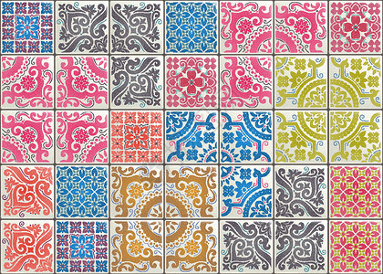 泽利杰具有维多利亚时代风格的无缝拼接瓷砖  Majolica 陶瓷砖彩色 azulejo 原始传统葡萄牙和西班牙装饰 印刷壁纸织物纸和插画