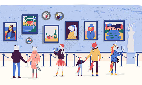短途旅行人们欣赏平面卡通风格的艺术品 经典艺术画廊矢量插图的访客 博物馆观展丰富多彩的概念 参观画展的游客插画