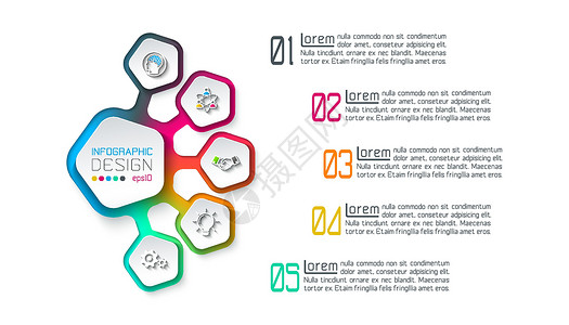五边形标签信息图 5 个步骤报告插图营销流程商业圆圈工作成功推介会数据背景图片