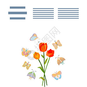 红色郁金香的成分 有蝴蝶和文字卡通片草地场地玫瑰草本草本植物海报植物学纠纷草图背景图片