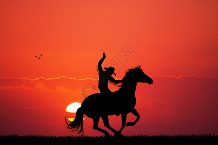 日落时的竞拍牛仔男人插图马背动物鬃毛荒野背景图片