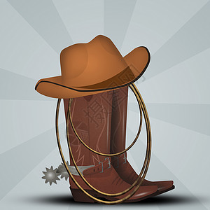 牛仔靴 帽子和套索牧场衣服配件绳索皮革插图牛仔农场背景图片