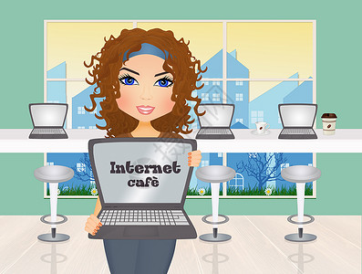 网吧电脑插图女孩服务网络咖啡店监视器技术女士笔记本背景图片