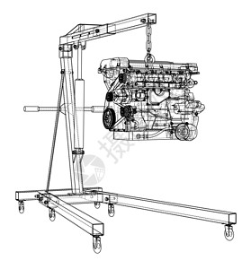 发动机起重机与发动机 outlin工具车库电梯蓝图绘画维修检查车站机器腰带设计图片
