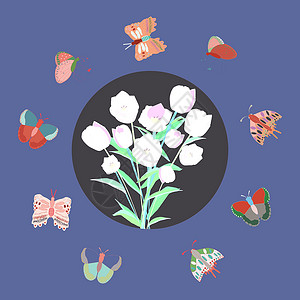 带郁金香和蝴蝶边框的圆形框架卡片植物横幅草本草本植物问候语派对手绘涂鸦打印背景图片