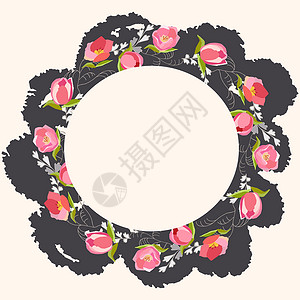 圆园装饰着粉红色的郁金香创造力植物学圆圈手绘草本植物圆形元素设计插图草地背景图片