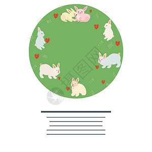 复活节兔子圆环 有心和文字明信片手绘海报草图刻字框架卡通片圆圈绘画绿色背景图片