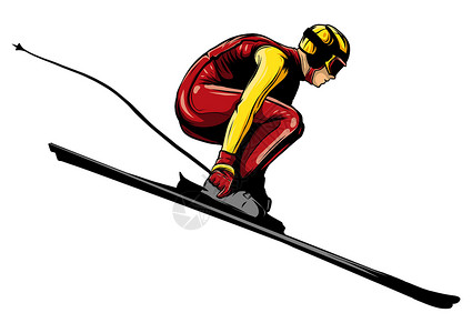 阿尔卑斯山脚下高山滑雪运动员在下山的黑轮脚下滑雪插画