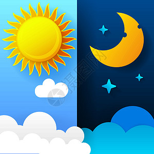 sun捷克语白天和黑夜的矢量图解 日夜概念Sun 和 Moo圆圈季节阴影太阳星星时间射线横幅天空晴天插画