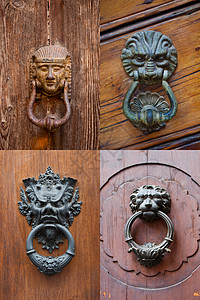 古意大利式的门敲锁器风格黄铜青铜装饰动物建筑橙子木头绿色收藏背景图片