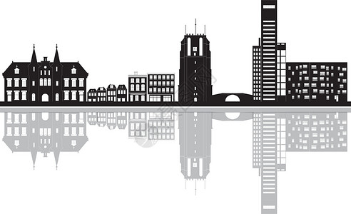 弗里斯兰荷兰列奥德沃登的天空线教会商店学校酒店地标校园房屋旅行城市插画