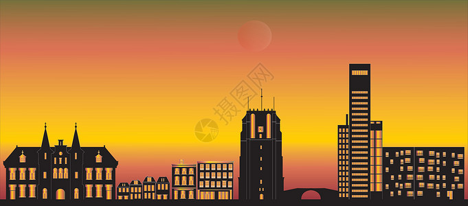 弗里斯兰荷兰列奥德沃登的天空线教会学校旅行酒店校园城市太阳商店房屋地标插画