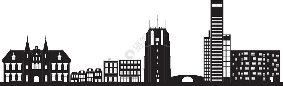 邓弗里斯荷兰列奥德沃登的天空线教会学校校园酒店商店房屋地标城市旅行插画