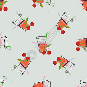樱桃汁饮料樱桃汁 一杯樱桃汁和樱桃 矢量无缝模式插画
