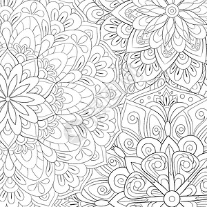 花卉涂色成人着色书 页面可爱抽象花卉背景图像白色卡通片涂鸦染色树叶黑色花瓣曲线海报乐趣插画