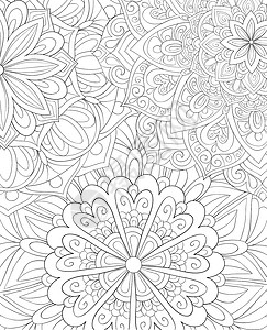 成人着色书 页面可爱抽象花卉背景图像打印黑色艺术冥想海报花瓣染色绘画卡通片白色背景图片