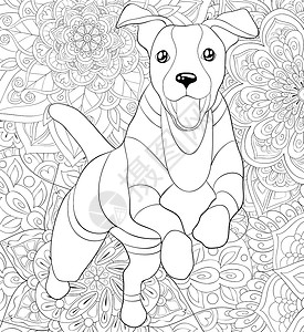 成人着色书 背景图像上有一只可爱的狗海报黑色卡通片宠物冥想乐趣曲线染色绘画树叶背景图片