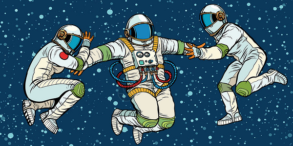 八零年代三名宇航员在零重力太空中设计图片