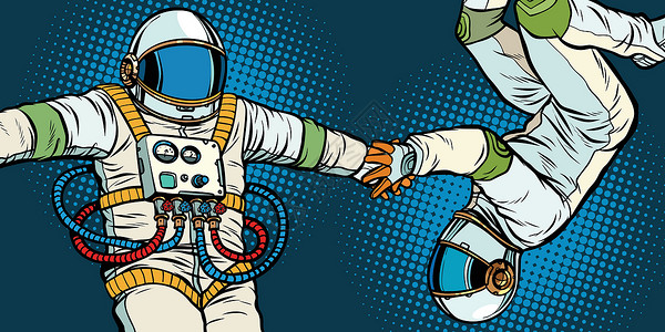 八零年代情侣相爱宇航员牵手男人科幻零重力飞船重力漫画探索卡通片冒险月亮设计图片