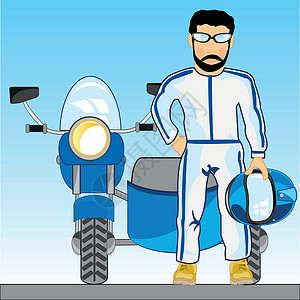 细边眼镜用矢量插图说明摩托车旁边戴头盔的人的情况插画