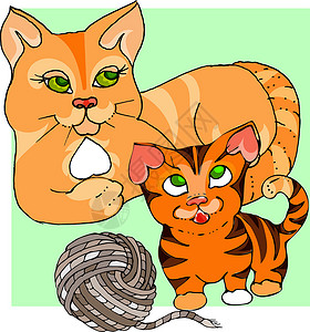 老虎斑红猫和红小猫像老虎幼崽 卡通风格插画