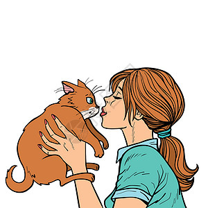 舒适亲肤女人亲猫伴侣快乐宠物女士成人动物友谊女孩女性小猫插画