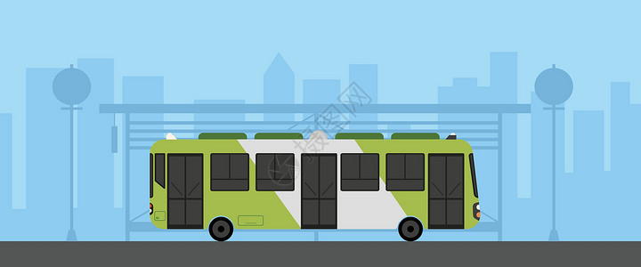 绿色景观在城市景点矢量示意图中 绿色公交车与公共汽车站相配的平面绿色公交车插画