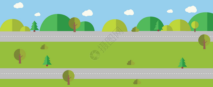 通往自然场景背景矢量图的道路 街道两条线与田野山云和树木 美丽的自然景观背景图片