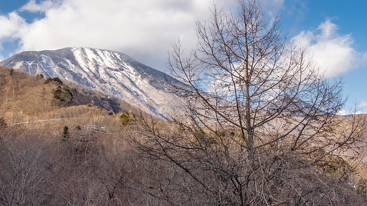 日本Nikko的雪峰山荒野树木山脉白色天空森林绿色风景旅行蓝色背景