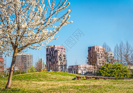 三部曲意大利的与现代建筑城市公园在春天背景