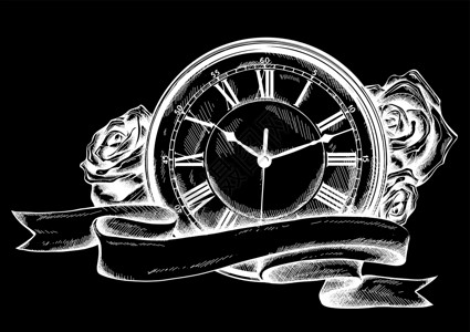 黑白钟带有玫瑰图案的复古怀表装饰圆圈标签古董手表点缀时间口袋风格蒸汽插画